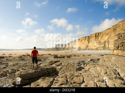 Man standing on a rock looking at the beach and the cliffs, close to Nash Point, Glamorgan Heritage Coast, Wales, UK Stock Photo