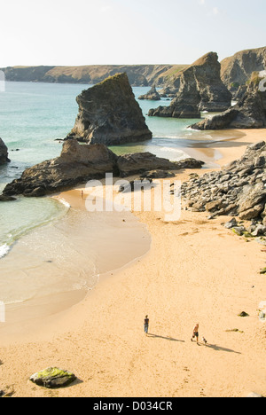 Bedruthan Steps Beach, people, North Cornwall, England, UK Stock Photo