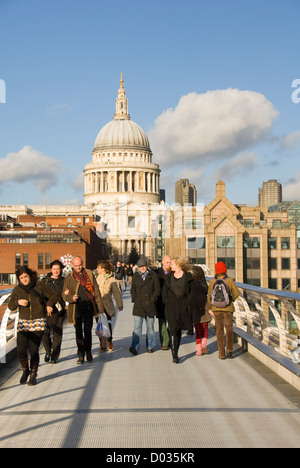 Pedestrians on Millennium Bridge, St Paul's Cathedral, London, England, United Kingdom, Europe Stock Photo