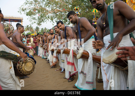 Drummers of a Panchavadyam band at the Goureeswara Temple Festival, Cherai, near Kochi (Cochin), Kerala, India Stock Photo