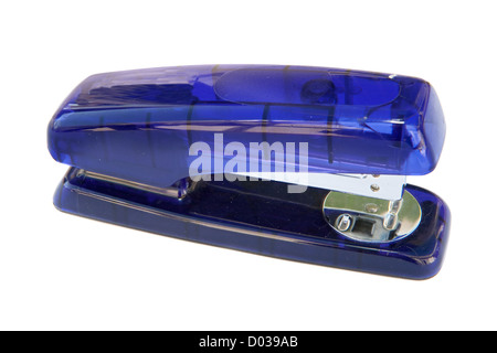 Blue plastic stapler isolated on white background Stock Photo