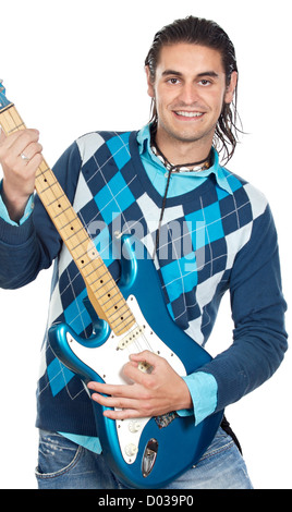 young boy with electrical guitar a over white background Stock Photo