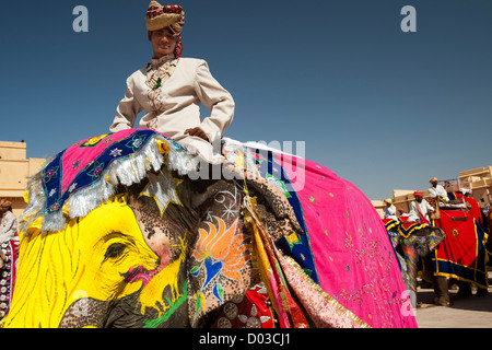 Decorated costume elephant film set Amber Fort Jaipur Rajasthan India Stock Photo