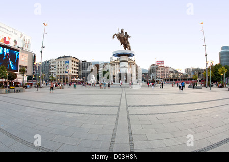 'Warrior on a Horse', a 28-metre high fountain in the centre of Skopje, the capital of Macedonia. Stock Photo