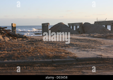 Destroyed Boardwalk Shore Front Parkway, Rockaway Beach, Queens, NY Stock Photo