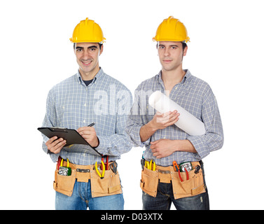 Two construction workers on a over white background Stock Photo