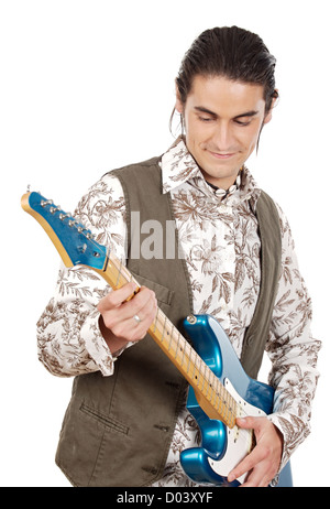 young boy with electrical guitar a over white background Stock Photo