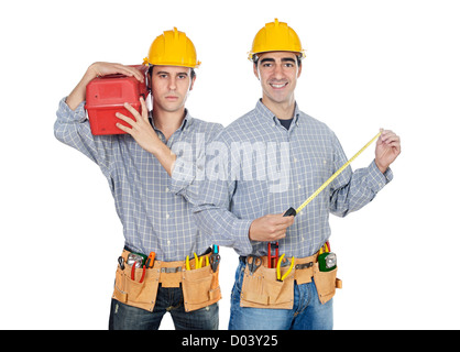 Two construction workers on a over white back ground Stock Photo