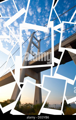 Tsing Ma Bridge in Hong Kong collage picture Stock Photo