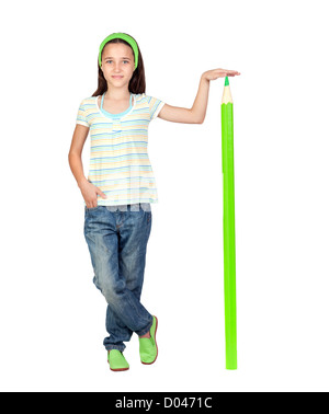 Adorable student girl with a giant green pencil isolated on white background Stock Photo
