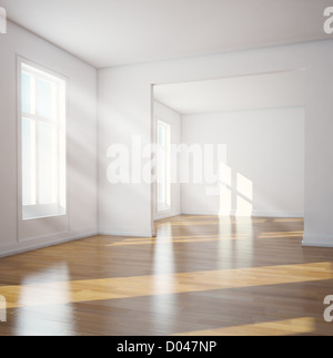 Empty white interior room with sun shining thru large window, tree ...