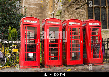 English red telephone booth, as found at Cambridge, England, UK. Stock Photo