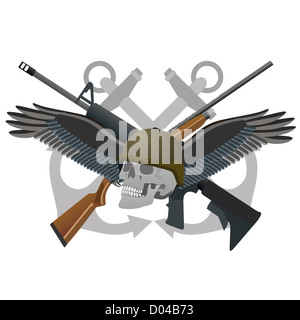 Abstract military icon. Skull with wings on background of arms and anchors. Illustration on white background. Stock Photo