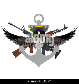 Abstract military icon. Skull with wings on background of arms and anchors. Illustration on white background. Stock Photo