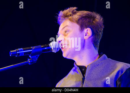 KENT, UNITED KINGDOM. 16 NOVEMBER 2012. Conor Maynard performing before the Bluewater Shopping Centre Christmas Lights switch on in Greenhithe, Kent. (Photo Credit: PBI/Alamy Live News) Stock Photo