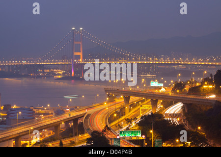 Tsing Ma Bridge and highway at sunset, show the modern landscape Stock Photo