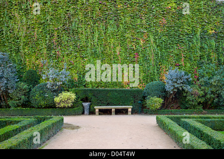 Park bench along ivy covered wall in the garden of Hotel de Sully, les Marais, Paris France Stock Photo