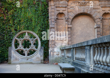 Ancient stained glass window frame and balustrade in Hotel de Sully, les Marais, Paris France Stock Photo