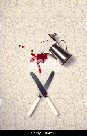 two knives and a coffee pot which is pouring blood on a vintage tablecloth Stock Photo