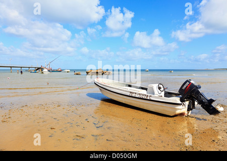Dhows and a modern fishing boat lie stranded on the sand bank at low tide on Inhaca Island in Mozambique Stock Photo