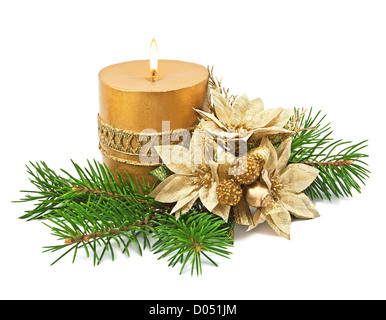 Christmas decoration with candles and poinsettia on white Stock Photo