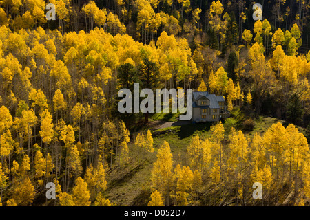 House among aspen trees, reflected in the windows; south fork San Miguel River, San Juan Mountains, Colorado, USA Stock Photo