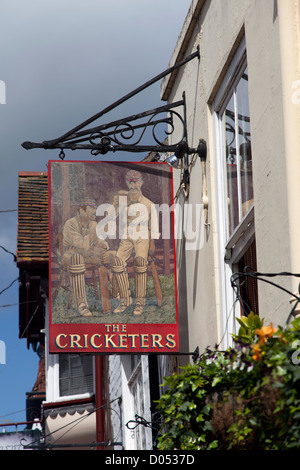 The Cricketers arms pub sign, Canterbury high street, Canterbury, Kent, UK. Stock Photo