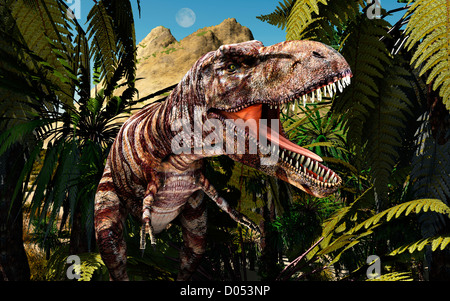 Jungle Terror, A  Tyrannosaurus Rex Hunting In A Cretaceous Jungle. Stock Photo