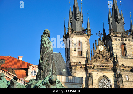 Prague, Czech Republic. Old Town Square / Staromestske namesti. Tyn Church and Jan Hus Monument Stock Photo