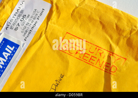 SECURITY SCREENED stamp on mail package envelope from Australia Stock Photo