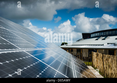 Solar panels, Exterior, Ysgol T Llew Jones, Brynhoffnant Ceredigion a new community primary school Wales UK Stock Photo