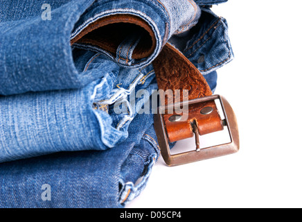 Blue jeans with leather belt, isolated on white Stock Photo