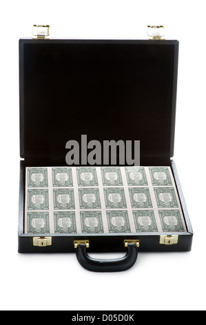open briefcase full of american or us dollars isolated on white background Stock Photo