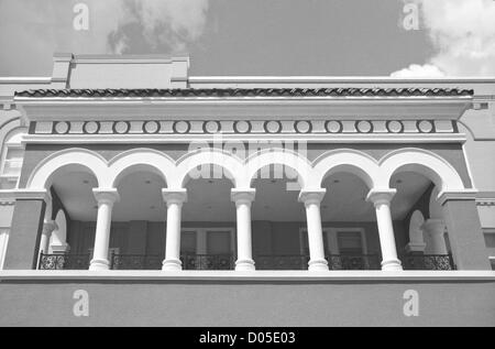 A monochrome (black and white) image of a spanish or art-deco styled building in Ft. Myers, Florida, USA. Stock Photo