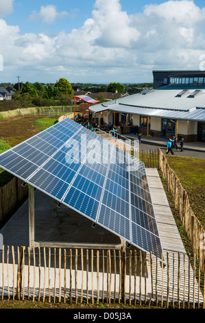 Solar panels, Exterior, Ysgol T Llew Jones, Brynhoffnant Ceredigion a new community primary school Wales UK Stock Photo