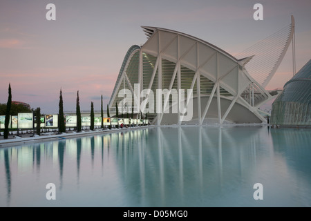 Museu de les Ciencies, City of Arts & Sciences, Valencia, reflected in calm water at sunset. Stock Photo