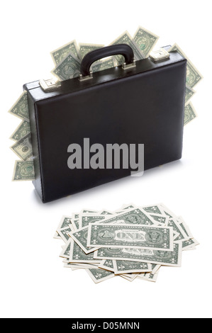 briefcase stuffed with dollar bills isolated on white Stock Photo