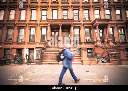 Harlem, NY - Oct 26, 2012:  Pedestrian walks past classic brownstone apartment building on street in Harlem NYC. Stock Photo