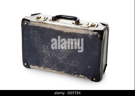 a well worn battered vintage blue suitcase on white Stock Photo