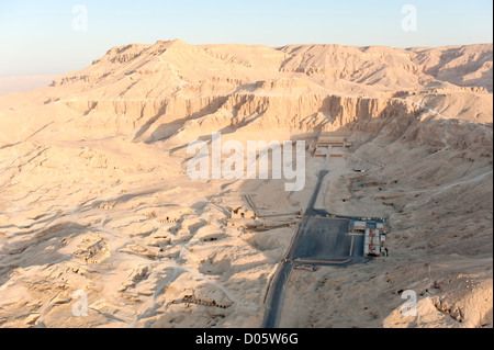 Aerial view at dawn of The Temple of Hatshepsut, West Bank, Luxor, Egypt, Africa Stock Photo