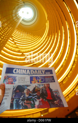 Shanghai China,Chinese Pudong Lujiazui Financial District,Century Avenue,Jin Mao Tower,Grand Hyatt Shanghai,hotel,atrium,lobby,looking up,balconies,Ch Stock Photo