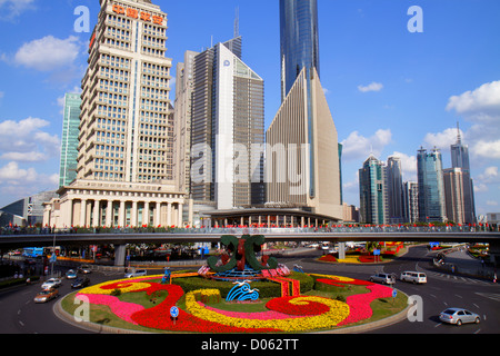 Shanghai China,Chinese Pudong Lujiazui Financial District,Lujiazui Pedestrian Bridge,view from,traffic circle,China Ping'an Safe Finance building,colu Stock Photo