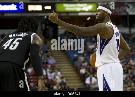 Nov. 18, 2012 - Sacramento, CA, USA - Sacramento Kings center DeMarcus Cousins (15) reacts during the first half as he is defended by Brooklyn Nets small forward Gerald Wallace (45) on November 18, 2012 at Sleep Train Arena in Sacramento, Calif. (Credit Image: © Paul Kitagaki Jr/Sacramento Bee/ZUMAPRESS.com) Stock Photo