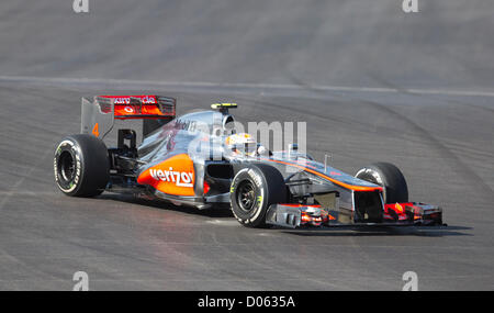 British F1 driver Lewis Hamilton heads through turn 1 at  the inaugural United States Grand Prix at the Circuit of the Americas