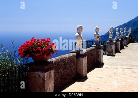 Potted Flowers and Statues on a Terrace with Coastal View, Villa Cimbrone, Ravello, Campania, Italy Stock Photo