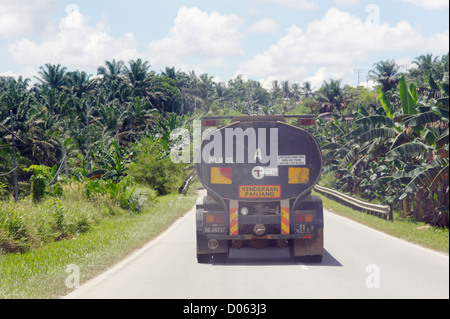 Palm oil truck travelling on road through palm oil plantations, Sabah, Borneo Stock Photo