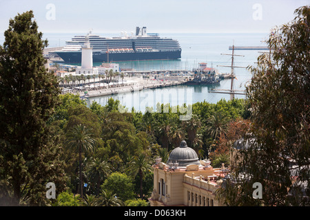 Malaga Spain. Holland America Line cruise ship Noordam at cruise terminal. Harbor harbour new boulevard promenade. Stock Photo