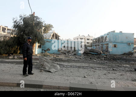 Nov. 19, 2012 - Gaza City, Gaza Strip, Palestinian Territory - A Palestinian policeman surveys the remains of a destroyed police station after Israeli air strike in al-Shijaia in the east of Gaza city on, 19 November 2012. The Palestinian civilian death toll mounted Monday as Israeli aircraft struck densely populated areas in the Gaza Strip in its campaign to quell militant rocket fire menacing nearly half of Israel's population  (Credit Image: © Majdi Fathi/APA Images/ZUMAPRESS.com) Stock Photo