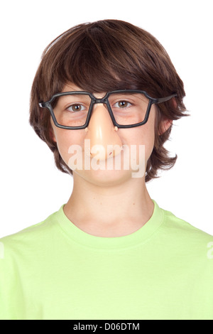 Funny child with glasses and nose joke isolated on white background Stock Photo