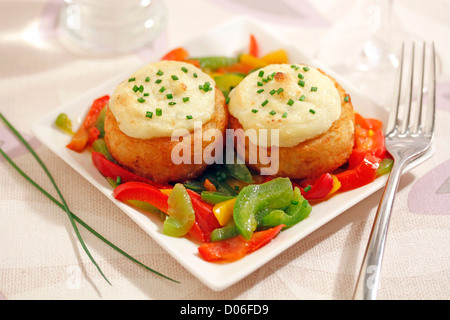 Potato nests with cod. Recipe available. Stock Photo